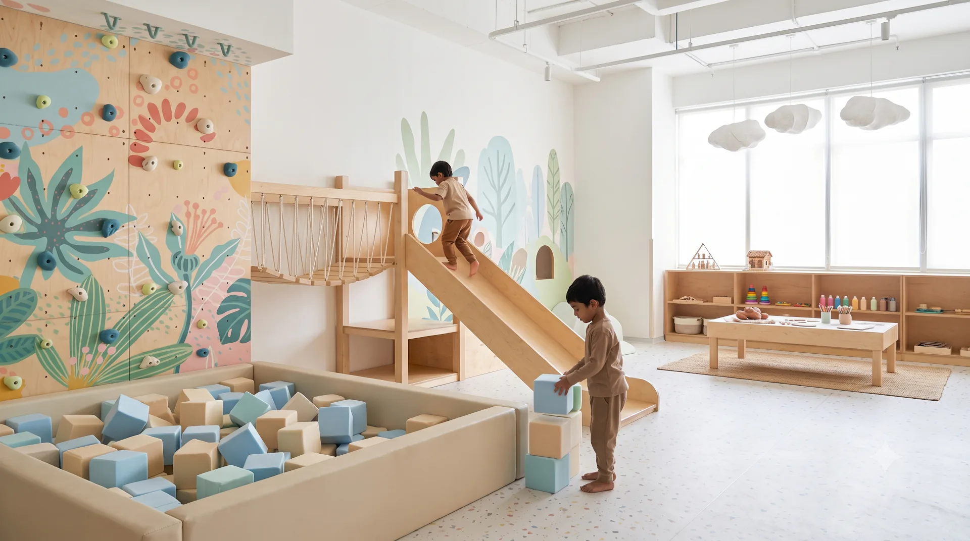 Modern children's indoor playroom with wooden play structure, climbing wall, and foam pit
