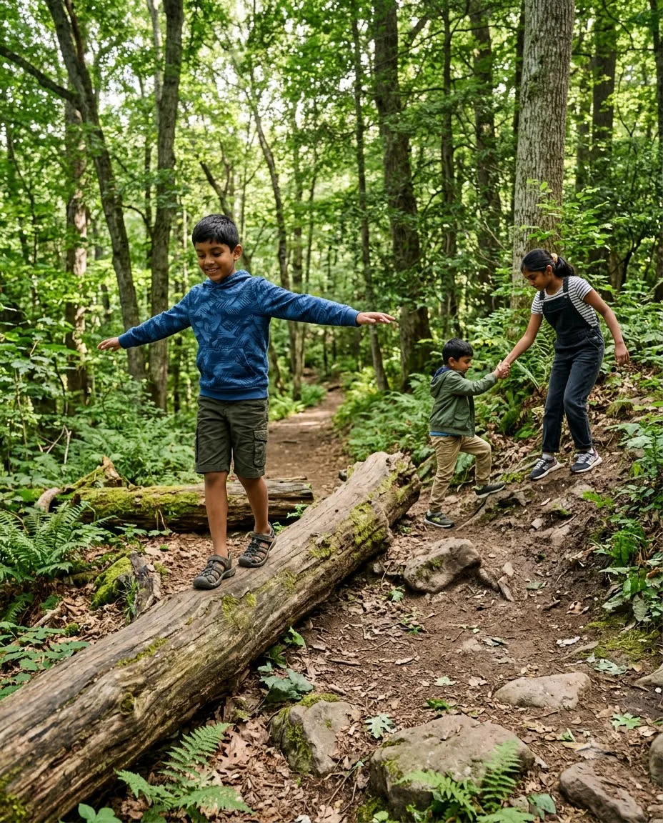 A boy balancing in the foreground while a girl helps a younger boy in the background, all Indian origin children