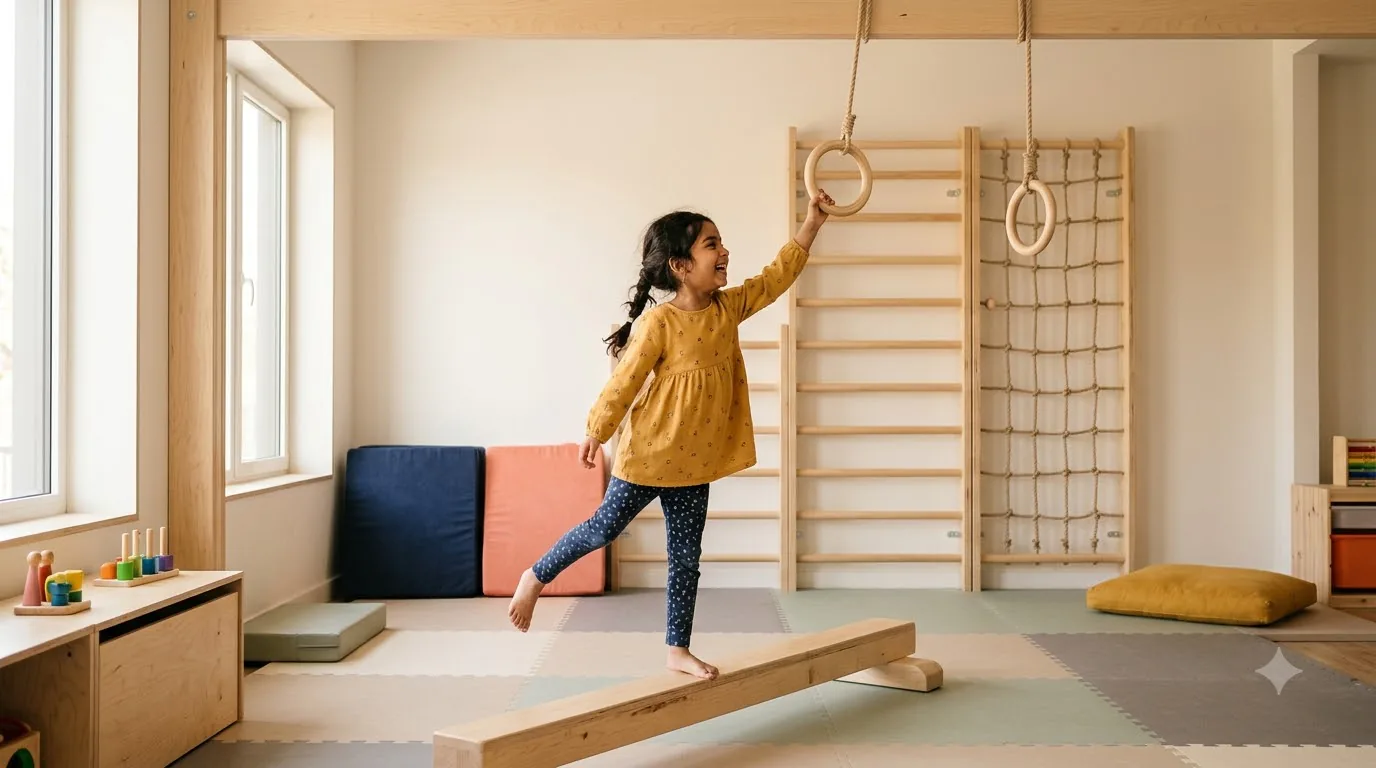 Minimalist sunlit gym interior with Indian origin child mid-movement