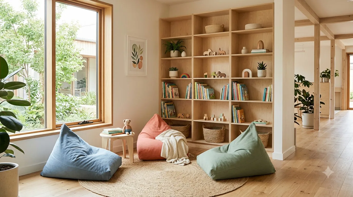 Cozy children's library area with pastel bean bags